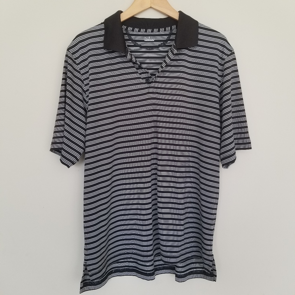 Under Armor black white striped polo golf shirt L